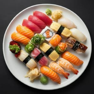 ai generated, sushi, salmon sushi, tuna sushi, eel sushi, shrimp sushi, cucumber rolls, pickled ginger, wasabi, white plate, sushi platter, seafood, sushi variety, gourmet sushi, traditional sushi, asian cuisine, food presentation, sushi rolls, fresh ingredients, restaurant food, sushi assortment, culinary art, fusion cuisine, elegant dish, sushi selection, japanese